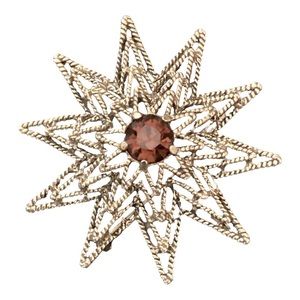 TARA Rope Star Brooch Gold Tone 4 Layer Open Work Orange Rhinestone Signed VTG